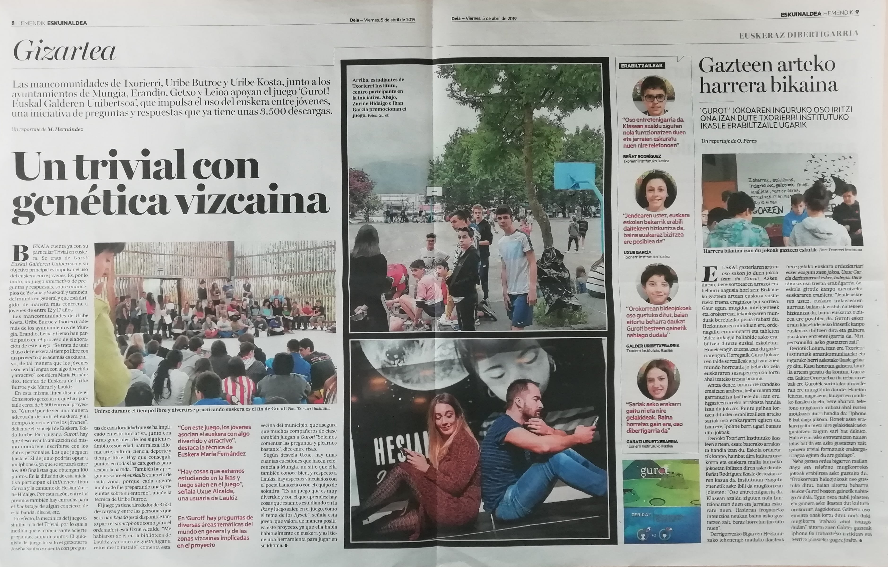 Fotografría del reportaje que el diario vasco Deia publicó sobre Gurot!, el trivial de Gestionet que fomenta el uso del euskera.
